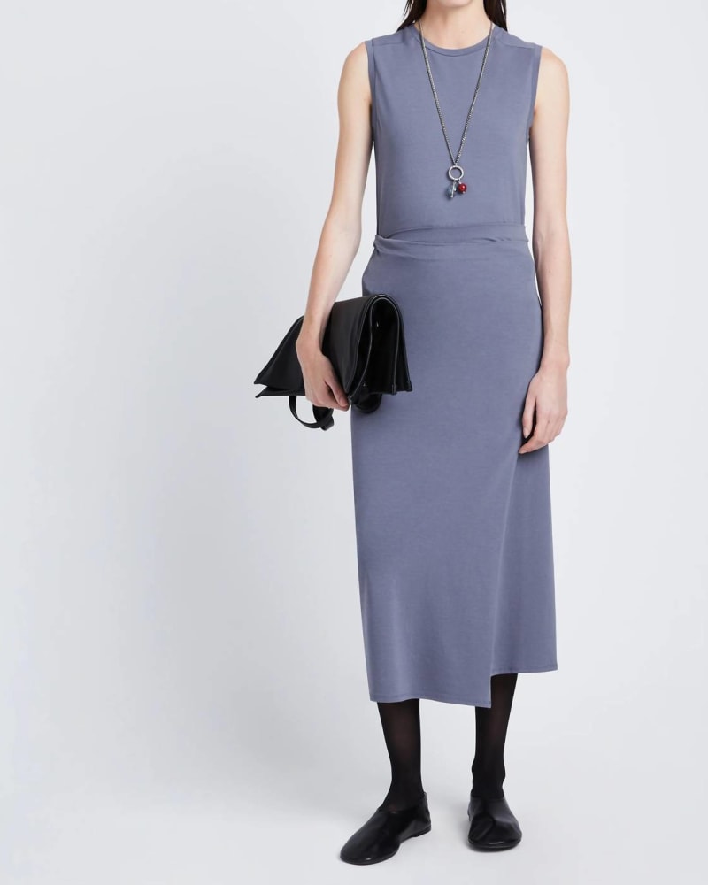 Front of a model wearing a size l T Shirt Wrap Dress In Steel Grey in Steel Grey by Proenza Schouler. | dia_product_style_image_id:342221